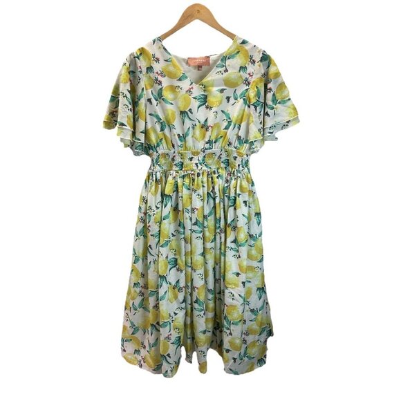 Jessakae Citrus smocked Midi dress Party size M short sleeve fit and flare flowy - Picture 1 of 13